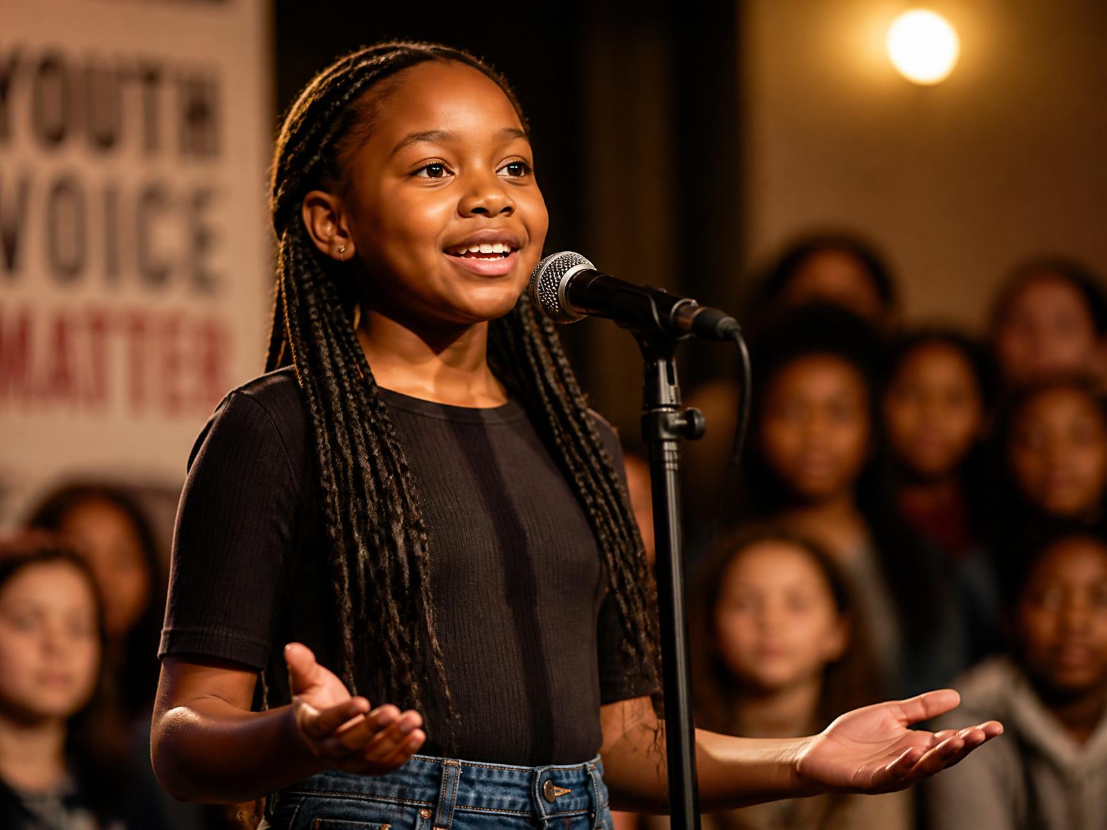 A young girl speaking confidently on stage at a leadership conference